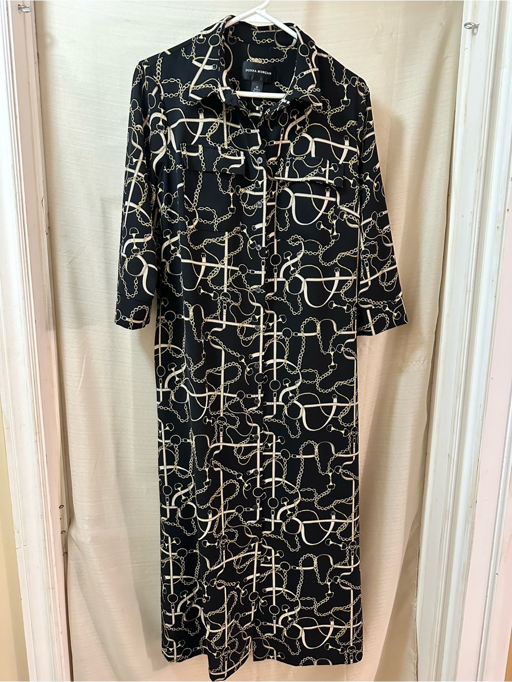 Donna Morgan Maxi Shirt Dress Black Gold Chain Print Equestrian Size 12